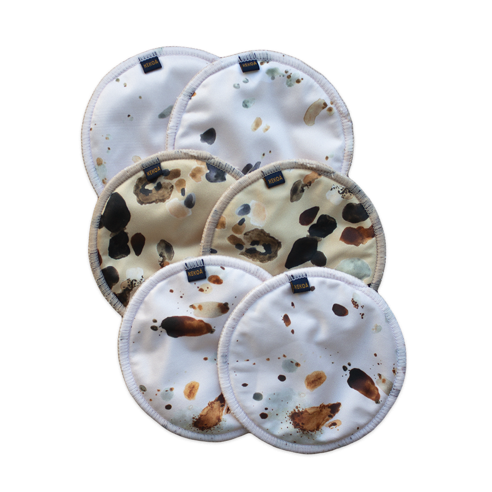 Kekoa reusable nursing breast chest feeding pads made from recycled plastic bottles in native New Zealand bird egg shell prints three pack