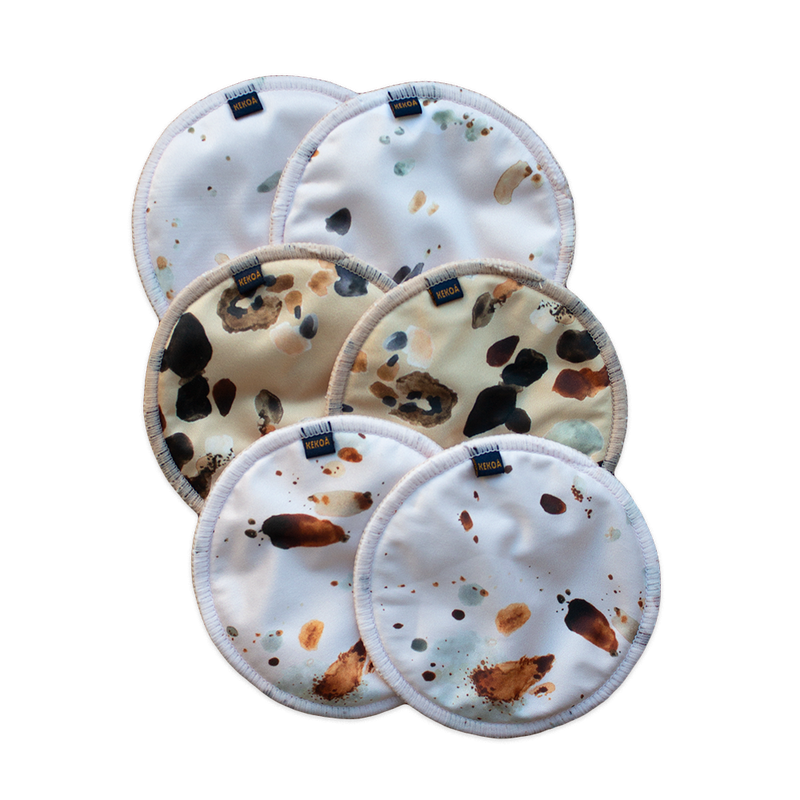 Kekoa reusable nursing breast chest feeding pads made from recycled plastic bottles in native New Zealand bird egg shell prints three pack